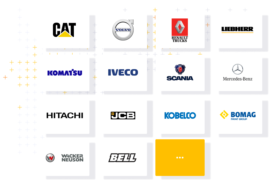 Logo de différentes marques de véhicules et équipements lourds, organisés en grille.
