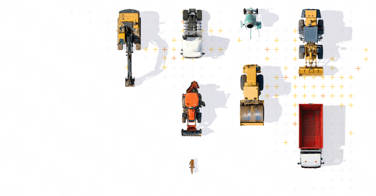 Vue aérienne de divers véhicules de construction et équipements de chantier, dont un excavateur, une machine à pneus, une pelle mécanique, une machine à chenilles, un camion-benne, une petite machine orange, un véhicule blanc, un jet d'eau, et une petite machine orange, tous rangés sur un espace blanc avec un motif de petits plus de couleur orange et jaune.