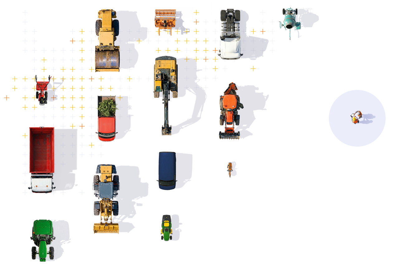 Vue aérienne de différents véhicules de travaux et de transport, dont des camions, des excavatrices, des tracteurs, un véhicule avec une remorque, et un robot, sur une surface blanche.
