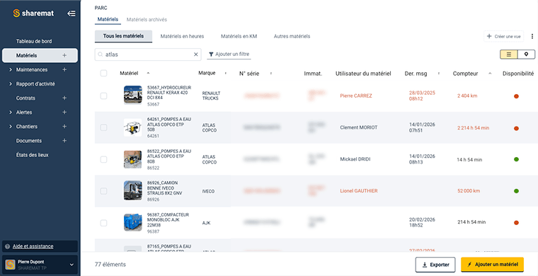 Capture d'écran d'un inventaire de matériel avec détails tels que marque, numéro de série, immatriculation, utilisateur, date, distance, et disponibilité.