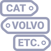 Panneaux de signalisation indiquant des marques de voitures comme Caterpillar, Volvo, etc.