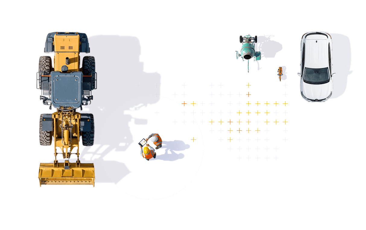 Une image avec différentes machines et véhicules, dont un bulldozer jaune, un hélicoptère vert, une voiture blanche, et des ouvriers avec casques qui travaillent dans une zone entourée de points colorés.