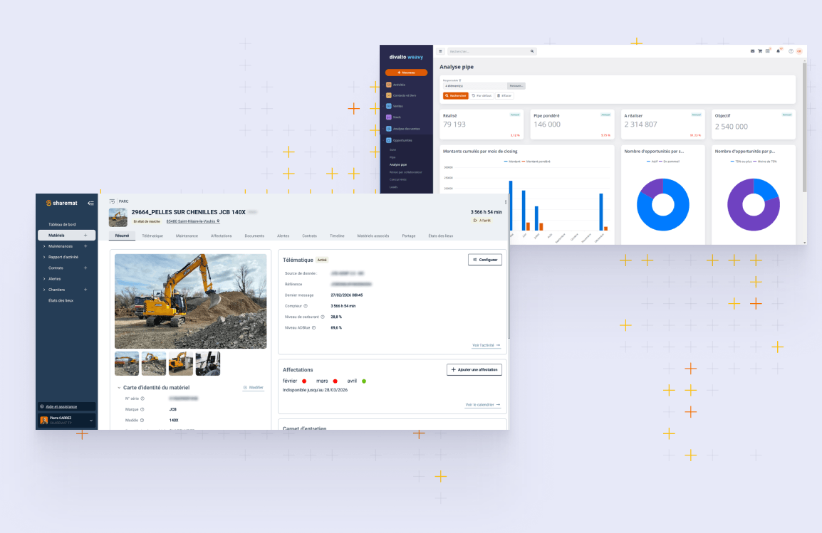 Capture d'écran de deux interfaces de logiciels de gestion de matériel et de projets, affichant des statistiques, des images de machines et des données logistiques.