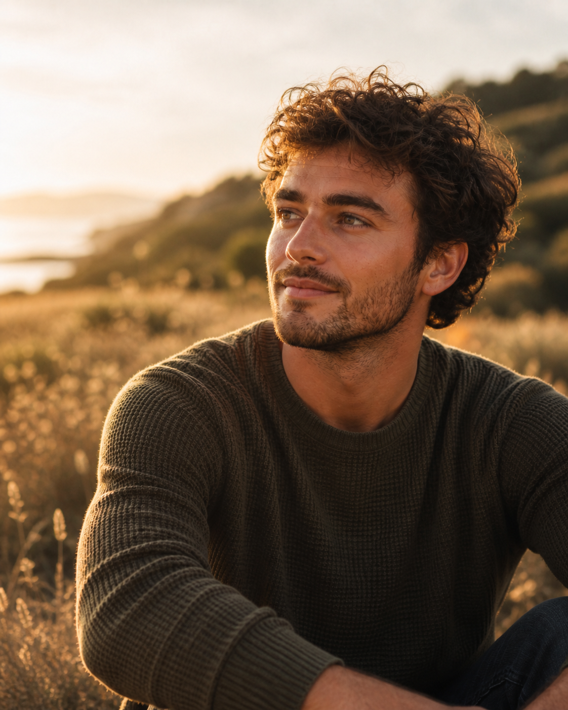 A young man with curly hair and a beard sits outdoors in a field, looking pensively into the distance during sunset.