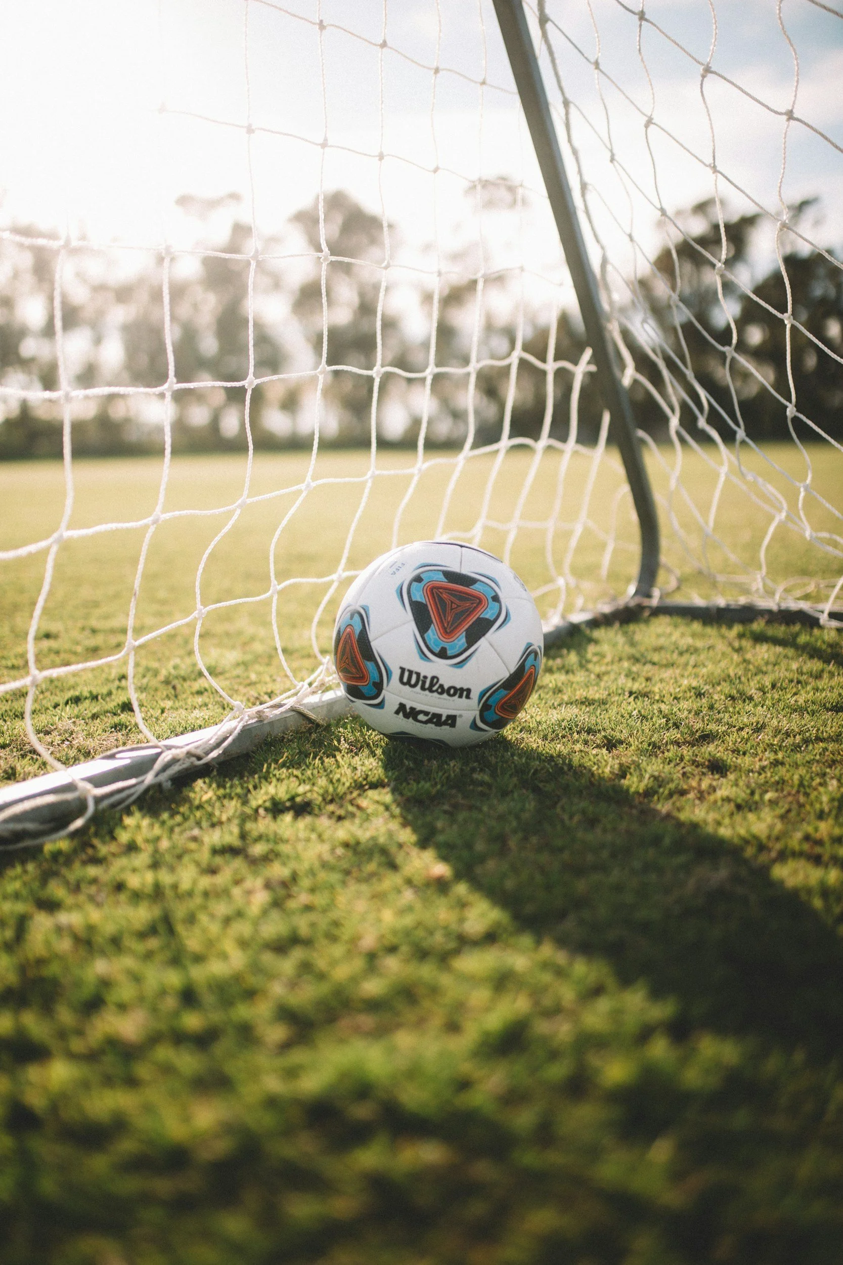 white soccer ball in front of a goal