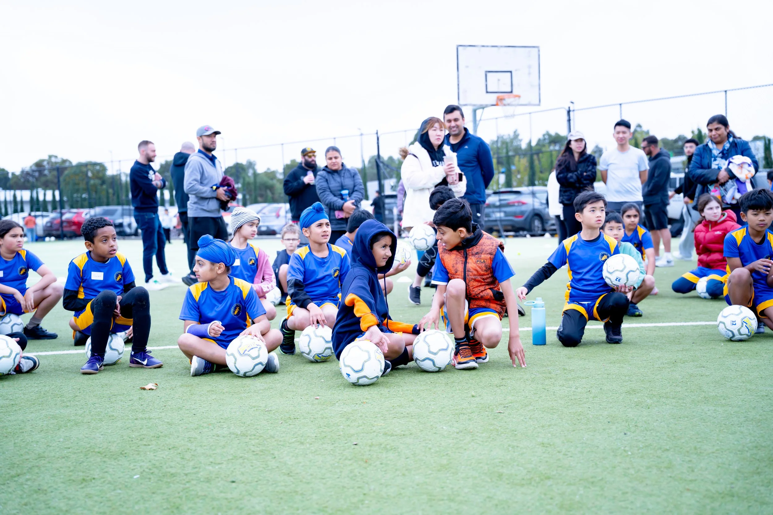 Children sitting on a sports field with soccer balls in front of them