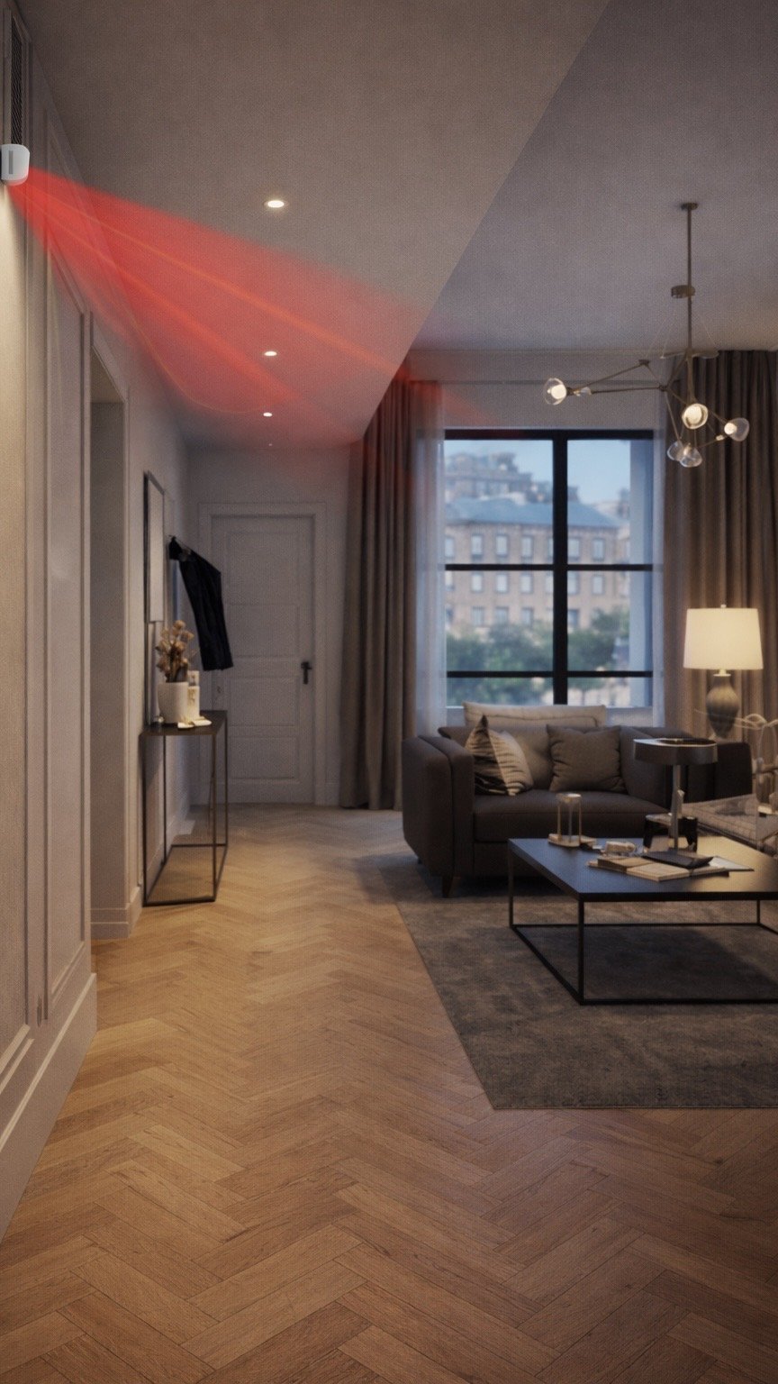 Salon lumineux avec canapé gris, table basse noire, grande fenêtre, rideaux beiges, lampadaire, lampes suspendues, parquet en bois en chevrons, décoration moderne.