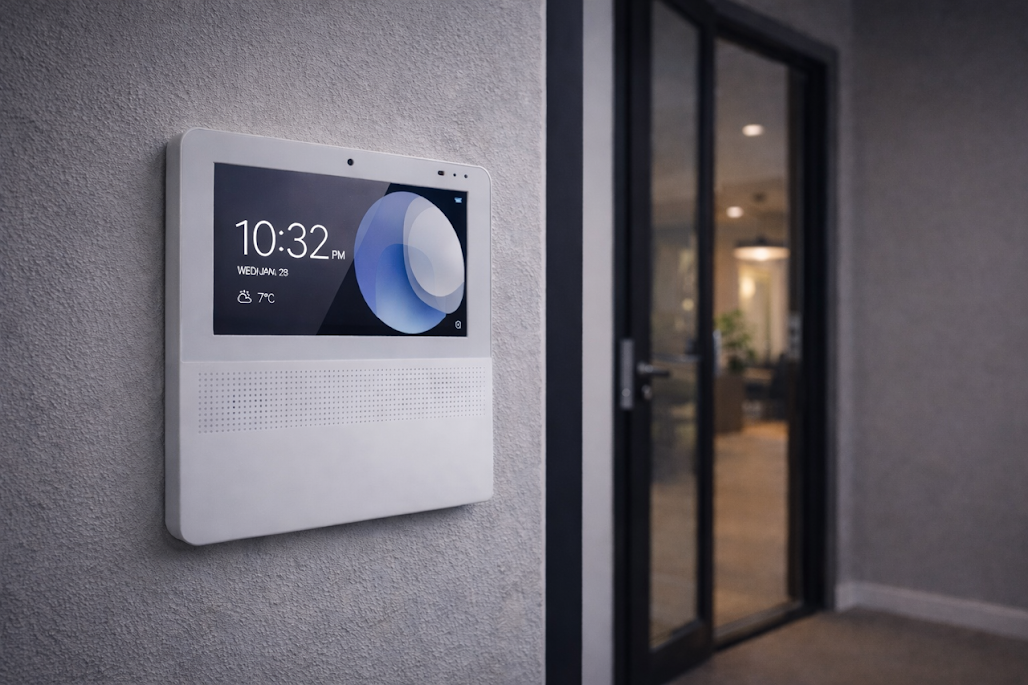 Un thermostat ou un écran intelligent fixé à un mur intérieur, affichant l'heure 10:32, la date 28 janvier, et une température de 7°C, avec un environnement intérieur visible à travers une porte vitrée