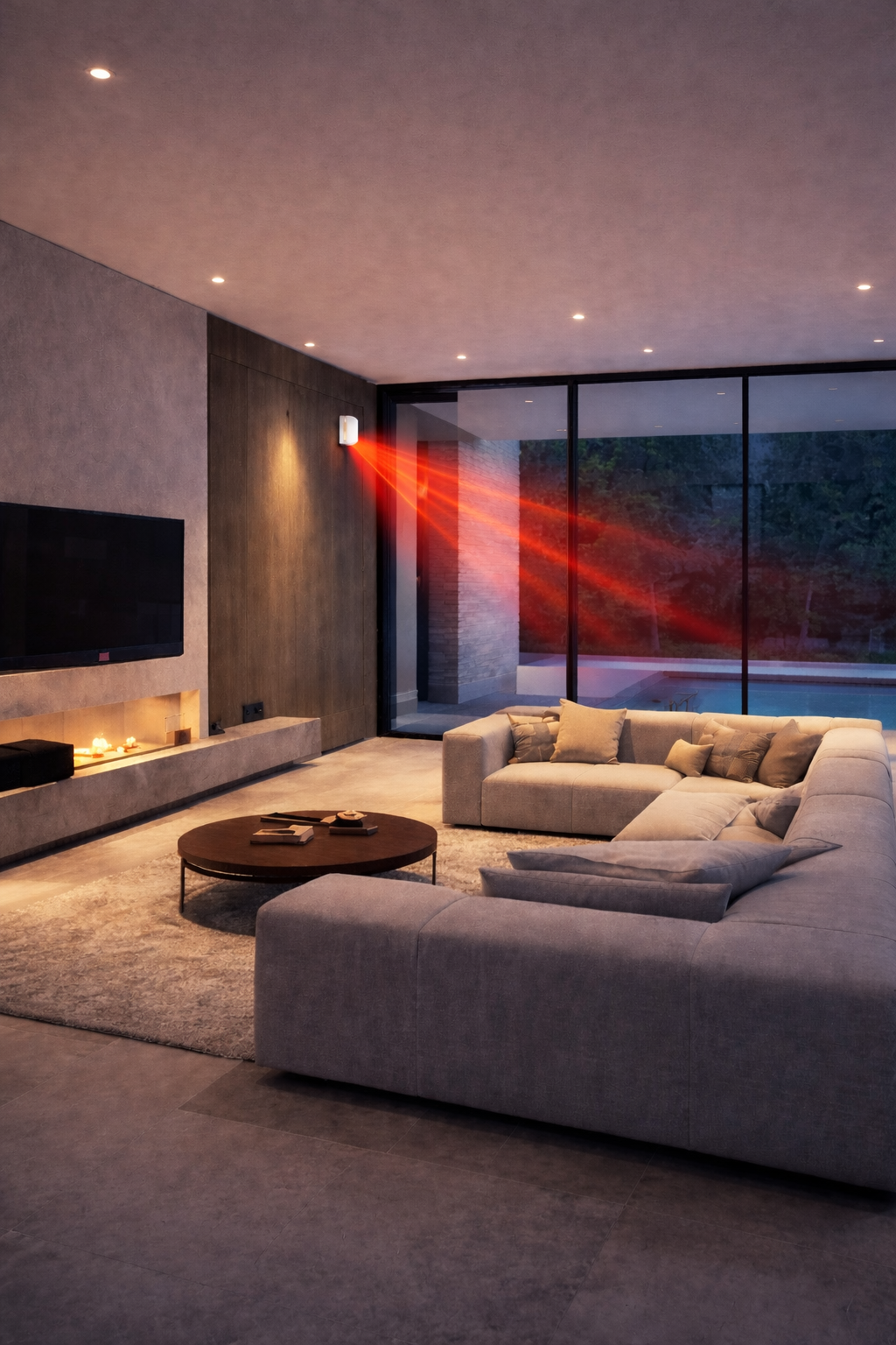 Salon moderne avec canapé en tissu beige, télévision murale, cheminée électrique allumée, grande fenêtre en verre avec vue sur l'extérieur, lumière tamisée, et une lampe rouge projetant de la lumière dans la pièce.