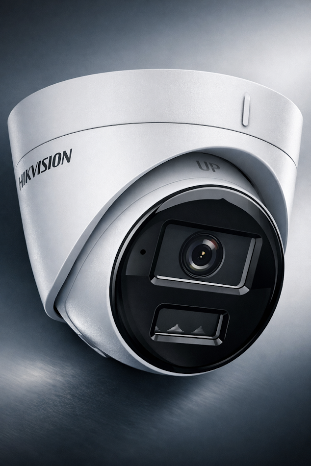 Caméra de surveillance Hikvision blanche, vue de face, sur un fond gris.