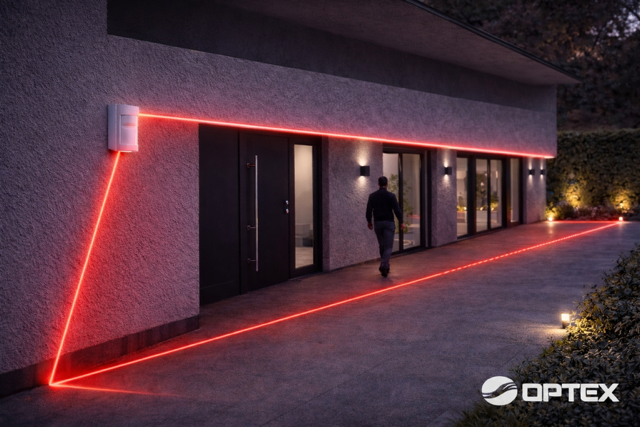 Un bâtiment moderne avec un éclairage en néon rouge le long de la façade et au sol, un homme marche devant des fenêtres en soirée.