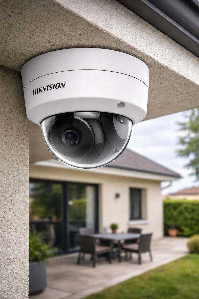 Caméra de surveillance Hikvision installée sur le mur extérieur d'une maison.
