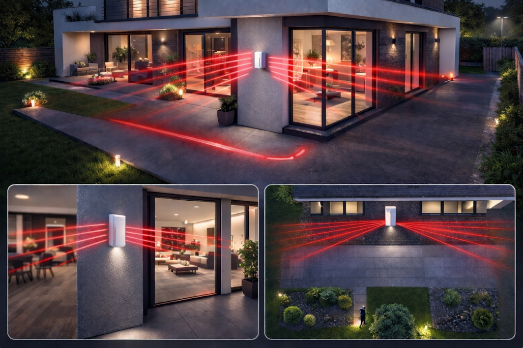 Système de sécurité avec détection infrarouge dans une maison moderne, montrant le capteur extérieur en haut, et des capteurs intérieurs dans différentes pièces en bas.