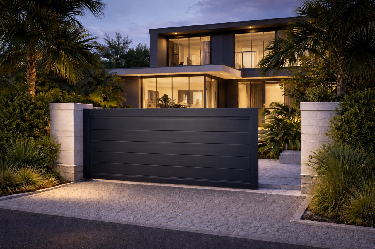 Une maison moderne avec grandes fenêtres, entourée de végétation luxuriante, vue de la rue lors de la tombée de la nuit avec des lumières éclairant l'intérieur.