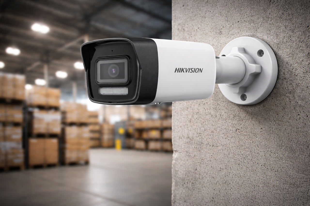 Caméra de surveillance Hikvision fixée sur un mur dans un entrepôt