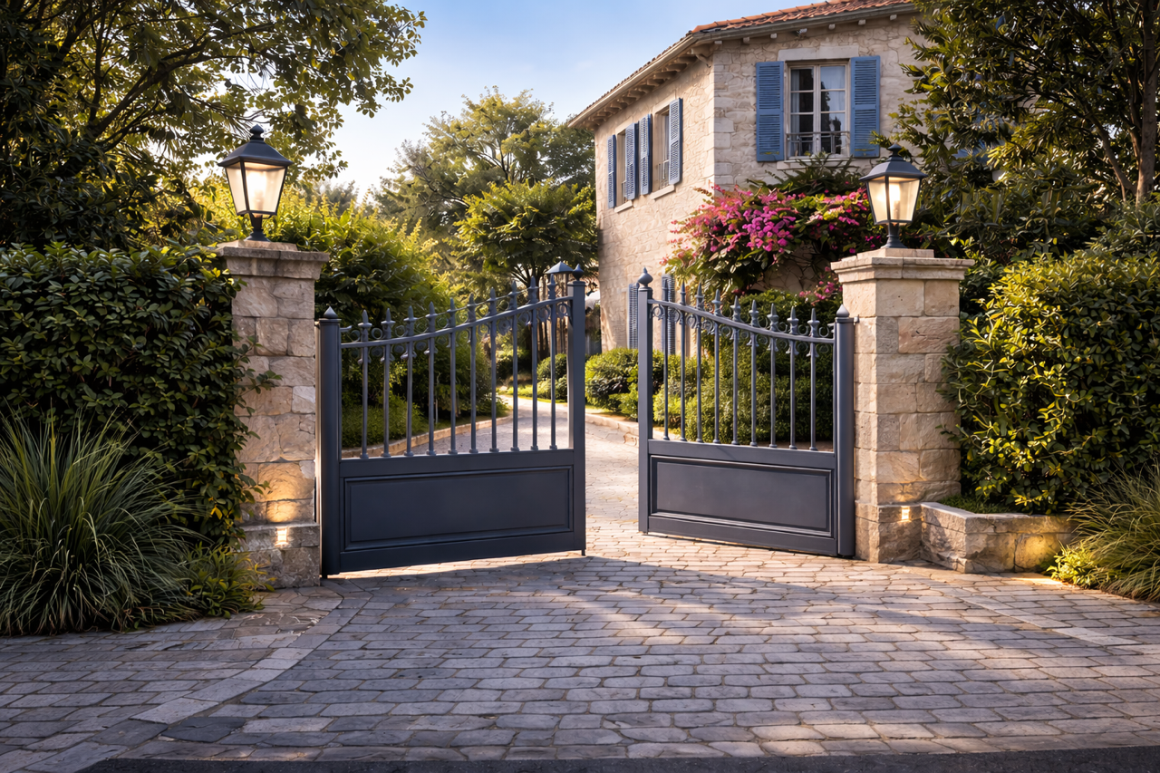 Une clôture en fer forgé noire avec un portail ouvert, entourée de murets en pierre, menant à une maison en pierre avec volets bleus et des fleurs roses, dans un jardin verdoyant.