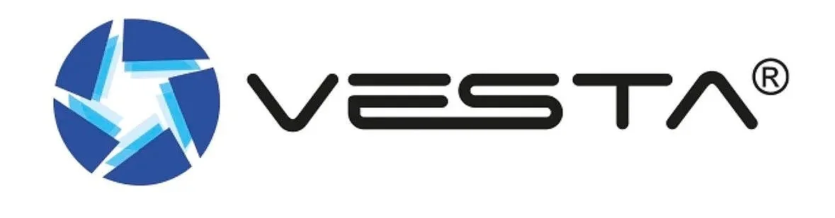 Logo de la marque VESTA avec un symbole circulaire en nuances de bleu et une écriture stylisée du nom.