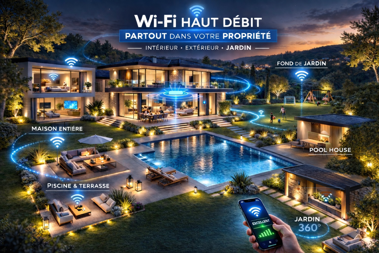 Une maison moderne avec un système Wi-Fi à haut débit connecté à l'intérieur, à l'extérieur, au jardin, à la piscine, à la terrasse, à la pool house, et au jardin 360°, illustrant une maison connectée intelligente.