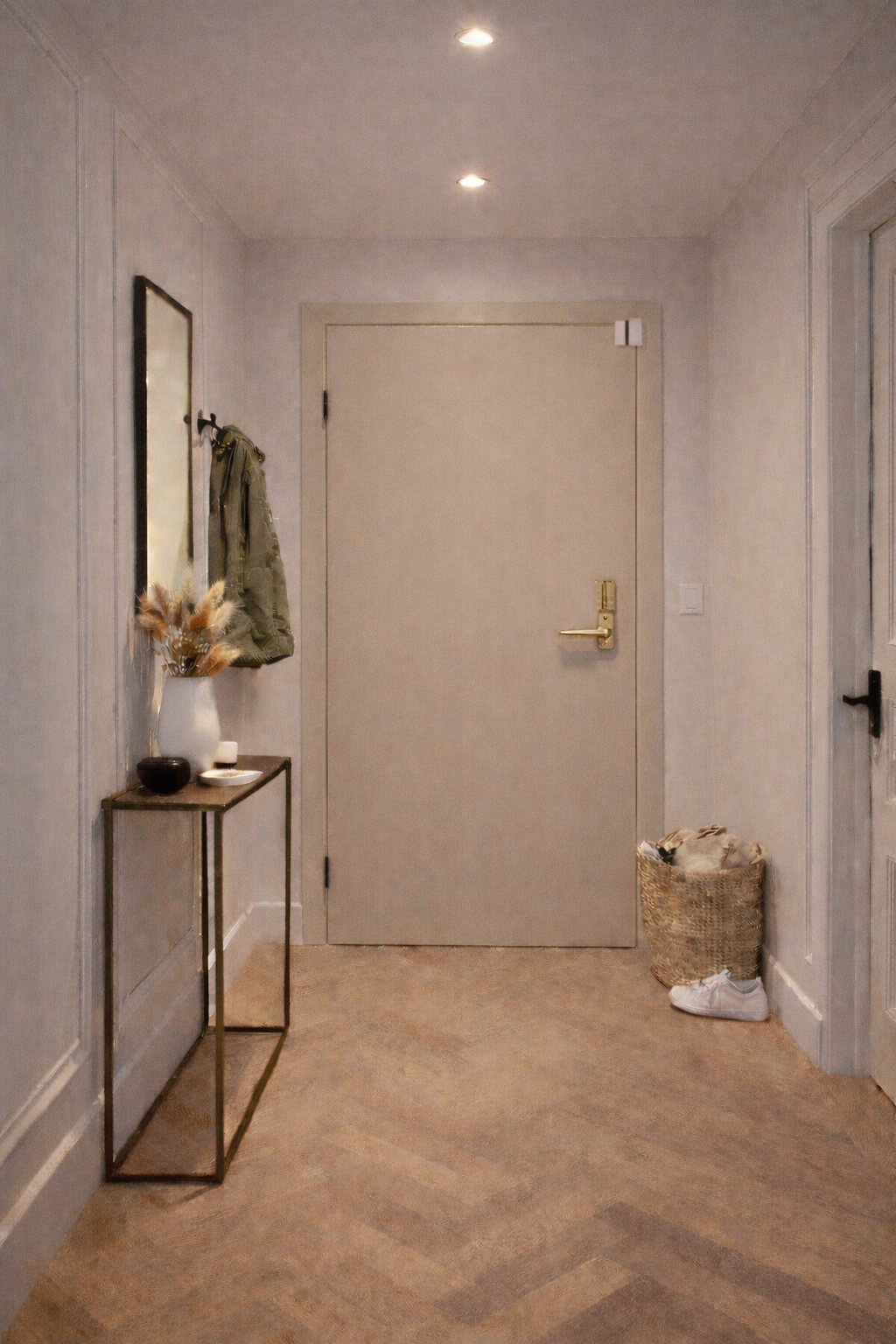Entrée d'un appartement avec un mur gris clair, un sol en bois clair, une porte d'entrée beige avec une poignée dorée, un porte-manteau avec un manteau kaki, un miroir, une console avec un vase de fleurs, un bol et une bougie, un panier à vêtements avec une paire de baskets blanches à côté.