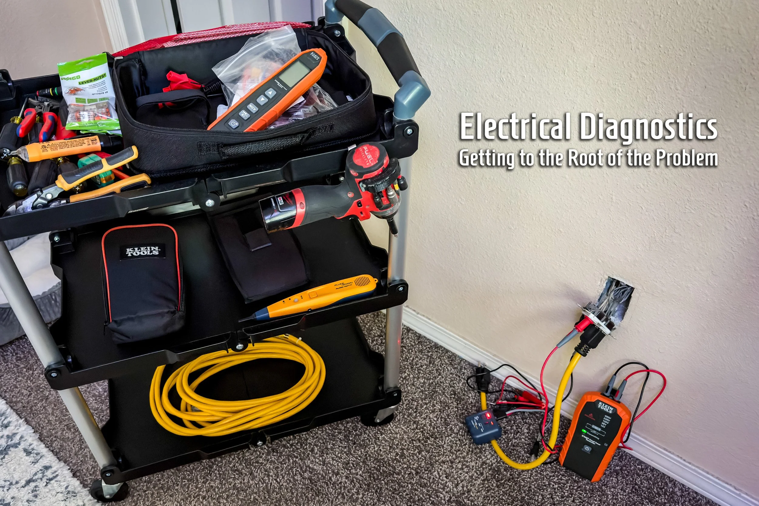 Organized rolling tool cart with professional electrical troubleshooting tools and diagnostic equipment used for residential and commercial electrical diagnostics and repairs.