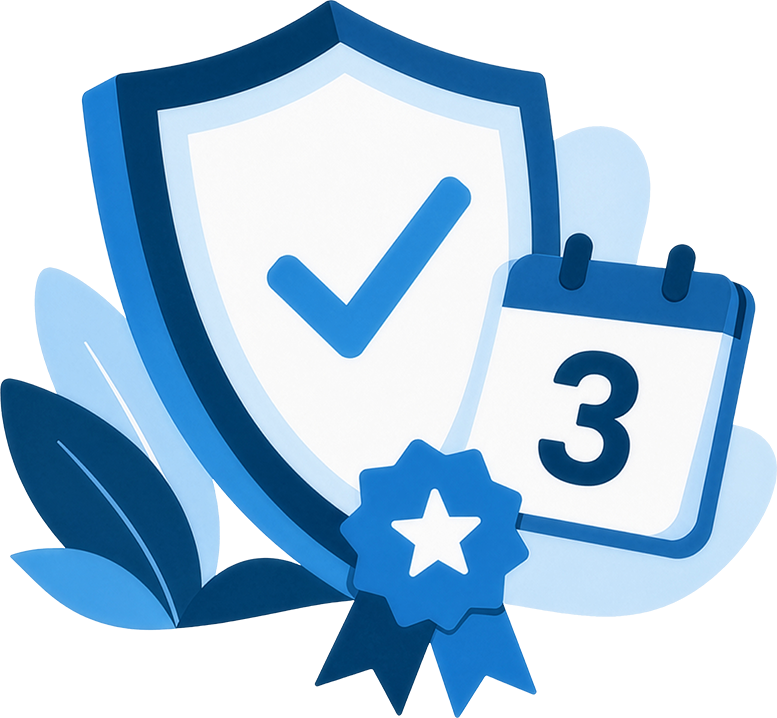 Illustration of a shield with a checkmark, a calendar showing the number 3, and a ribbon with a star, symbolizing protection and achievement.