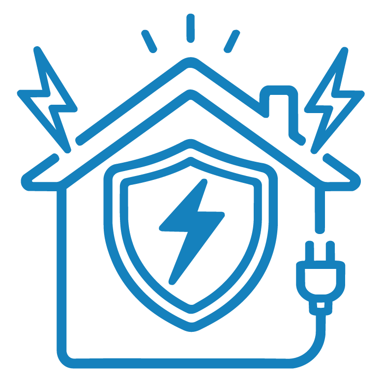 Line art of a house with an electrical shield symbol featuring a lightning bolt, surrounded by lightning bolts and a power plug, indicating electrical safety or protection.