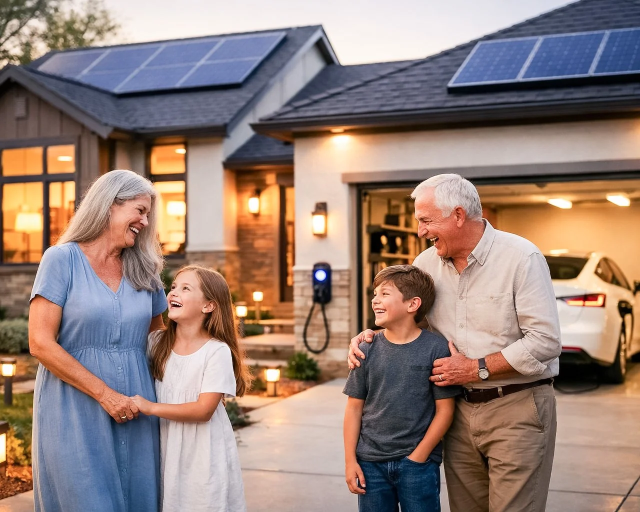 Happy family outside a modern Portland area home with beautiful lighting, solar panels, and an EV charger.