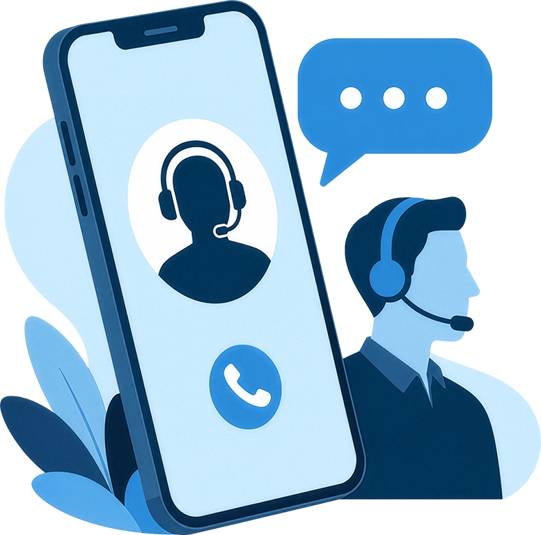 Illustration of a person wearing a headset working at a call center, with a large smartphone displaying an incoming call screen and a speech bubble.
