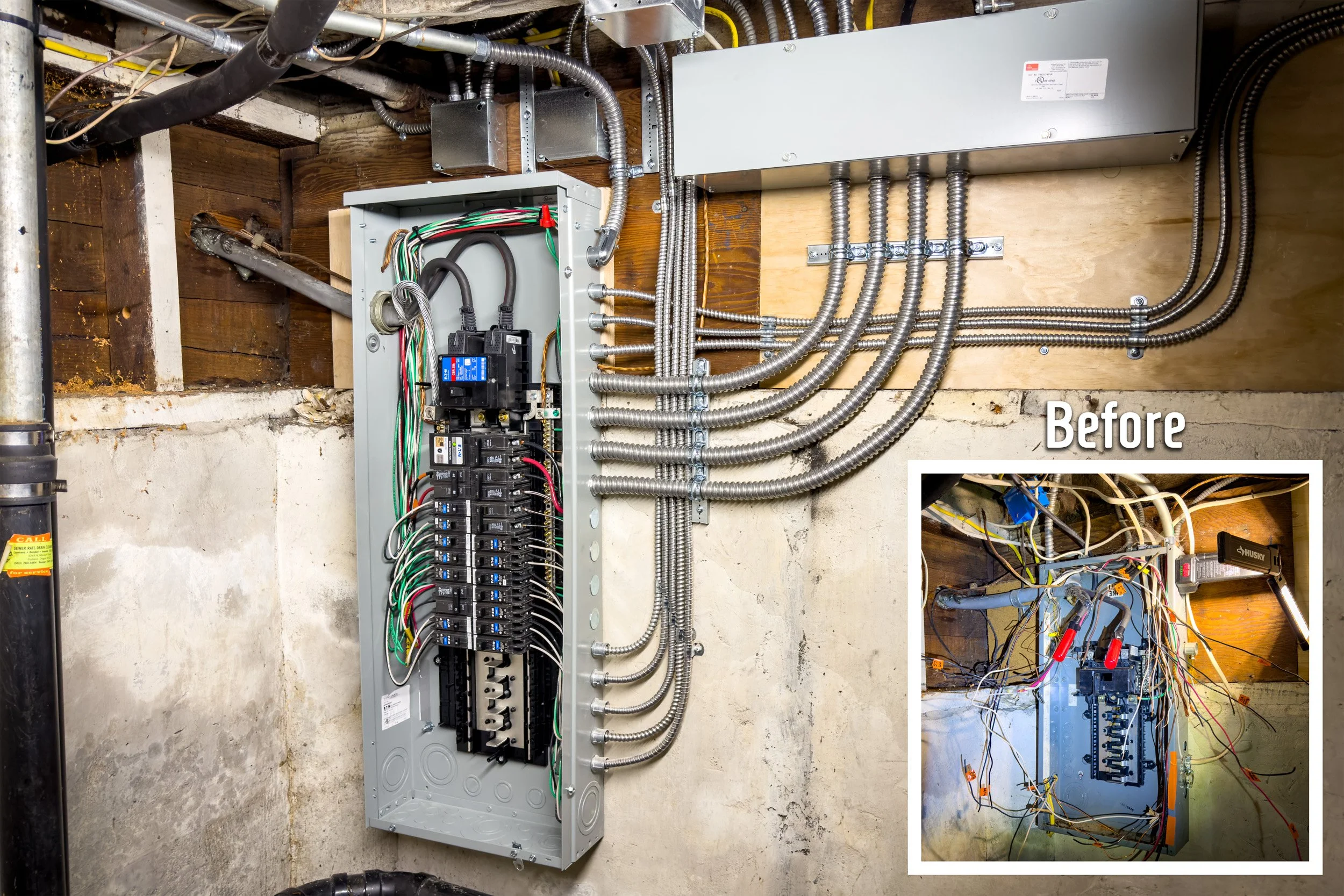 Before-and-after residential electrical panel upgrade showing the original panel and a clean, safe, professionally installed new electrical panel.