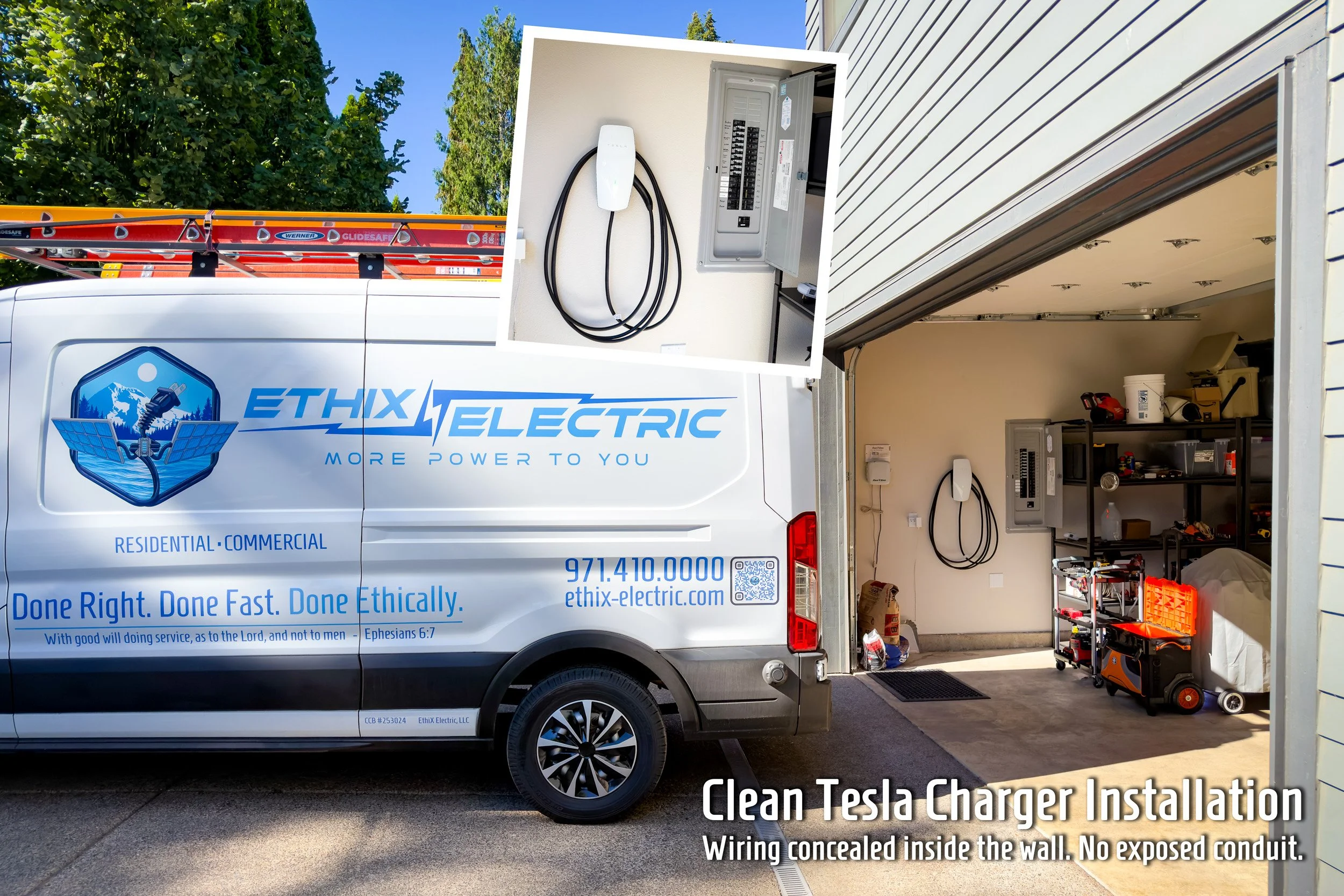 Clean Tesla EV charger installation beside a residential electrical panel in a Lake Oswego, Oregon garage, with an electrical service van parked outside.