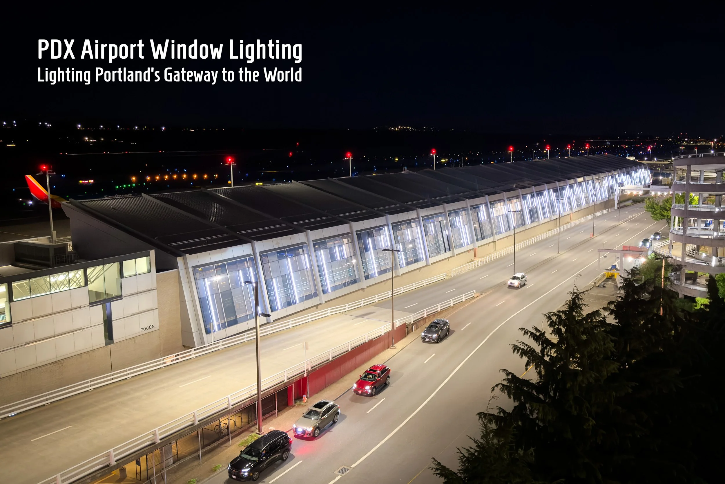 Modern commercial LED window lighting installation at PDX Airport in Portland, Oregon, with a clean architectural finish.