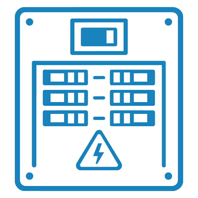 Blue outline illustration of an electrical circuit breaker panel.
