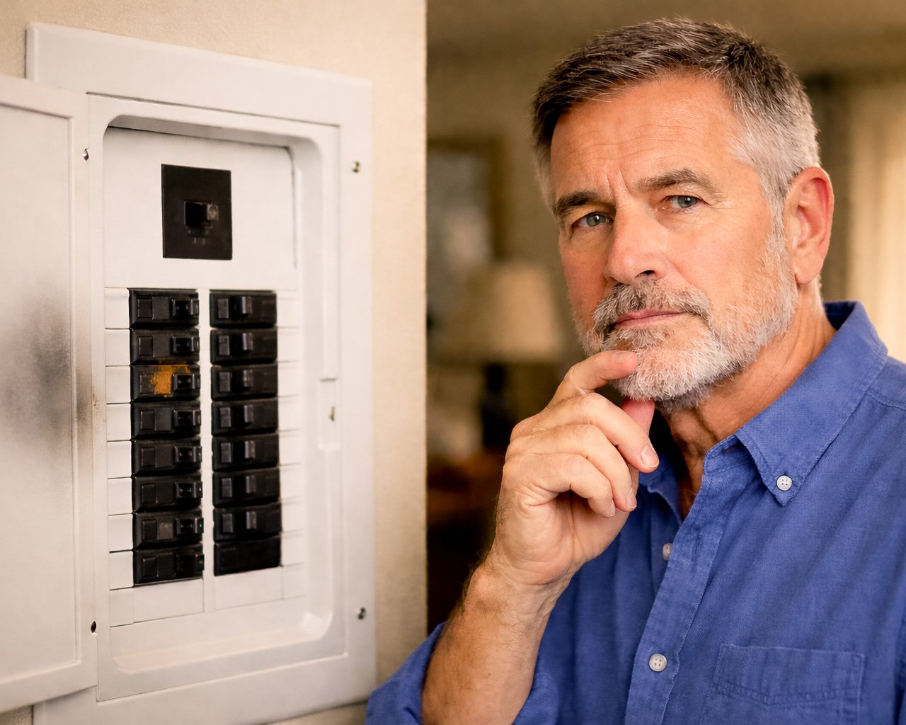 Homeowner looking for a trusted electrician after discovering burn marks on his electrical panel.