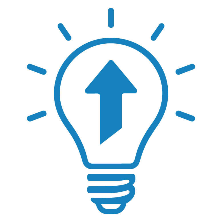 Illustration of a light bulb with an upward arrow inside, symbolizing an upgrade, new idea and innovation.