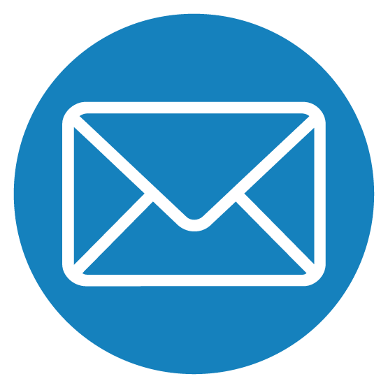 White envelope icon on a blue circular background, symbolizing an email address as a contact option.