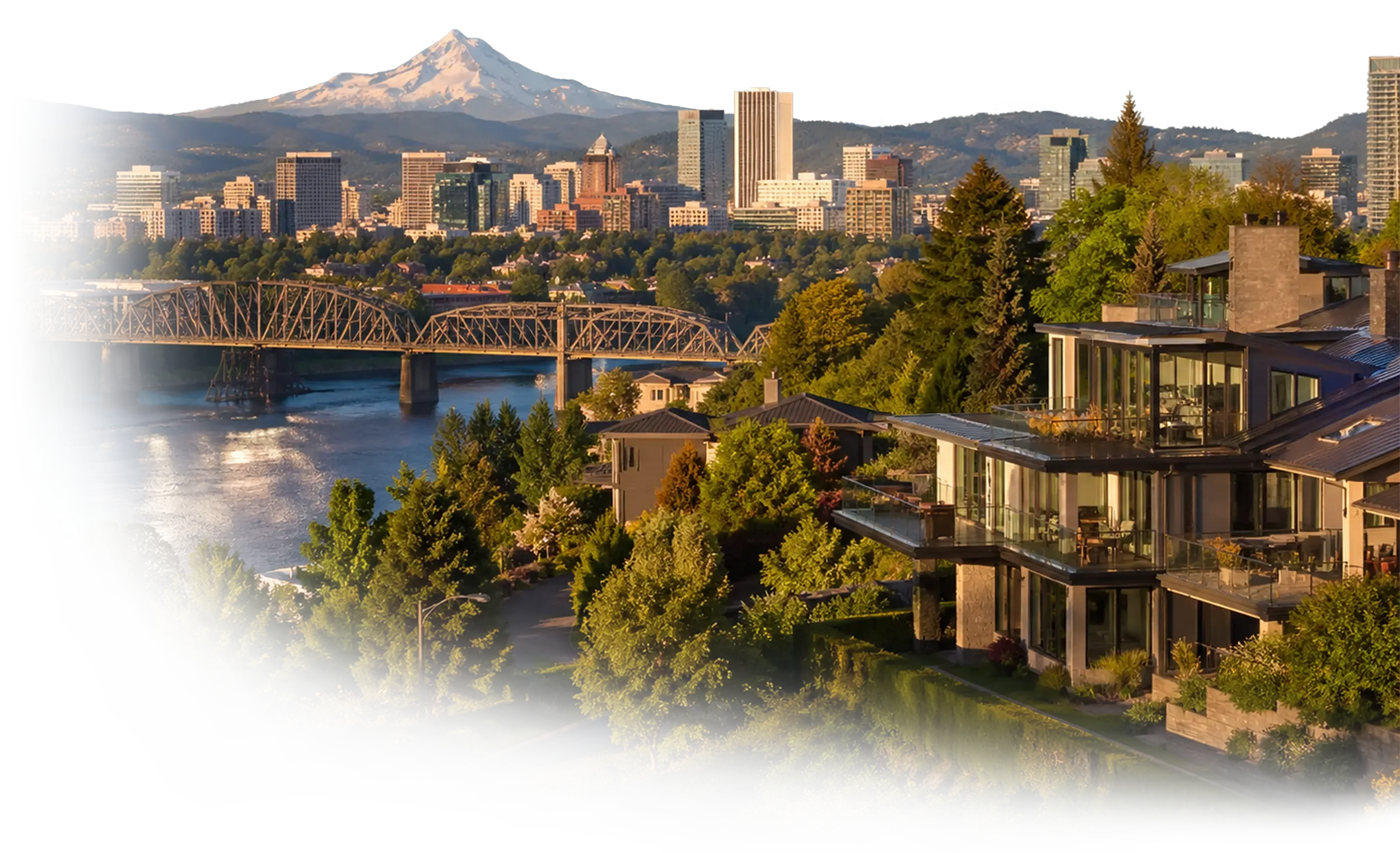 Portland skyline with Mount Hood, modern homes, downtown office buildings, and high-rise buildings representing EthiX Electric’s Portland service area.