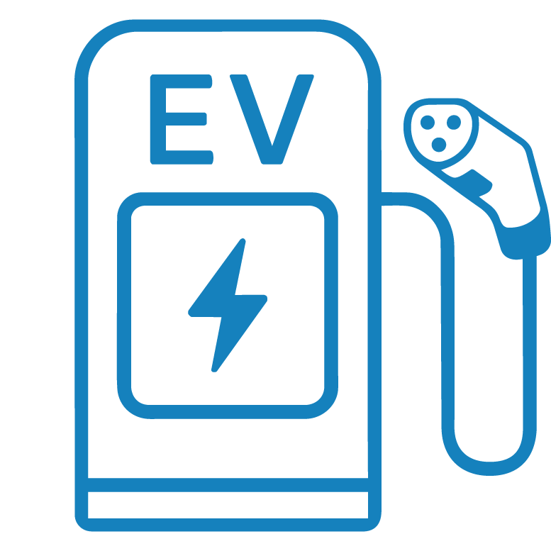 Blue outline illustration of an electric vehicle (EV) charging station with a lightning bolt symbol and a charging plug.
