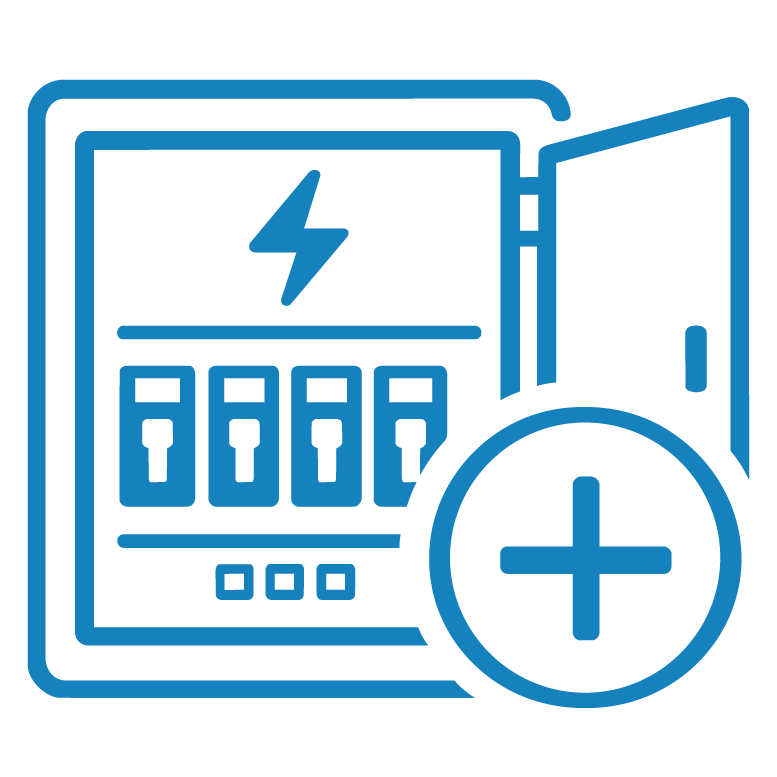 Outline illustration of an electrical panel with a plus symbol indicating adding or upgrading components.