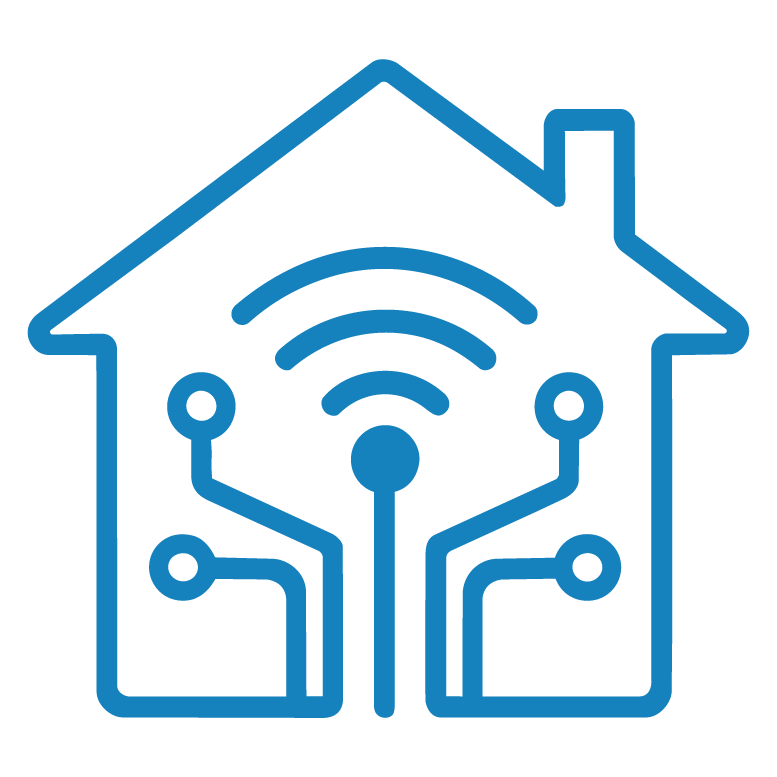 Outline of a house with circuit lines and a Wi-Fi signal, representing smart home technology and connectivity.