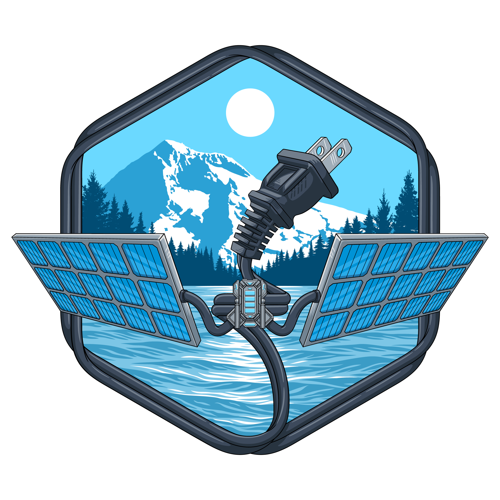 EthiX Electric main logo featuring modern green energy, solar panels, battery backup, electrical plug, water, trees, and Portland Oregon skyline.