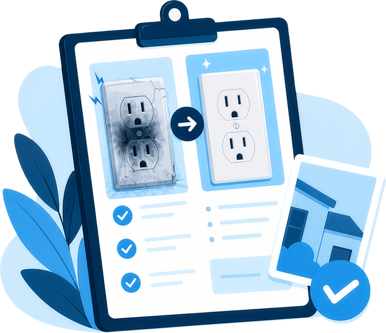 Illustration showing a damaged electrical outlet being replaced with a new one, with checkmarks indicating steps completed.