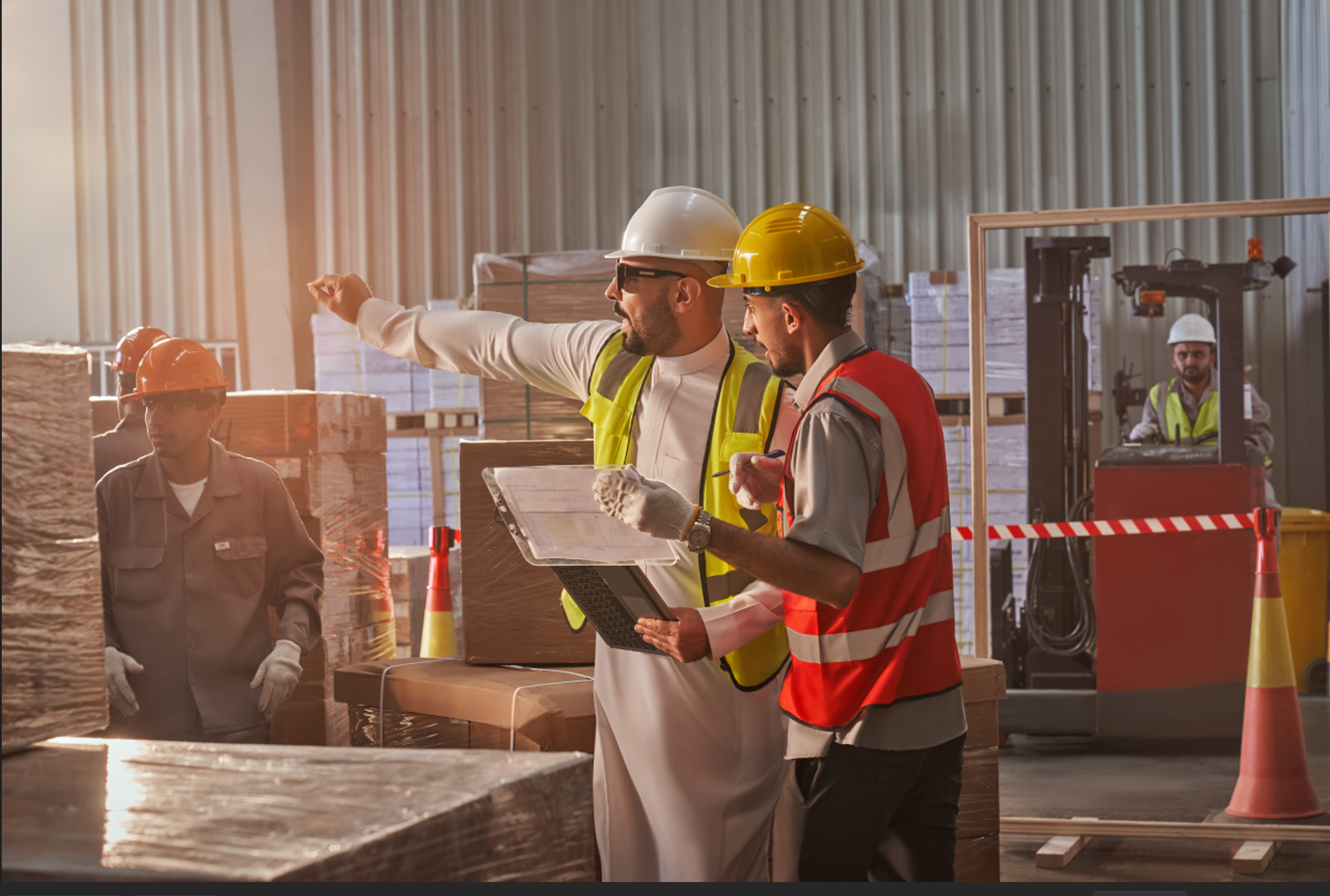 Construction workers in warehouse with pallets of goods, wearing safety helmets and vests, discussing and reviewing plans.