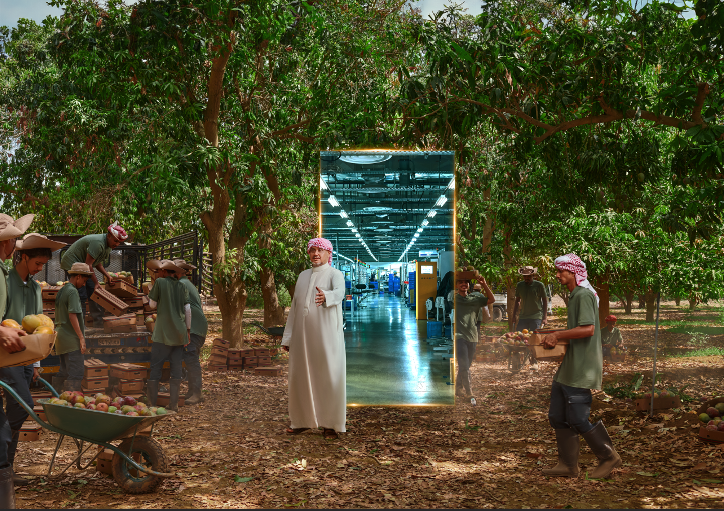 A man in traditional Middle Eastern attire standing in front of a mirror with a bright LED border, placed among workers harvesting apples in an orchard. The workers wear green shirts and wide-brimmed hats, some holding crates of apples and a wheelbar