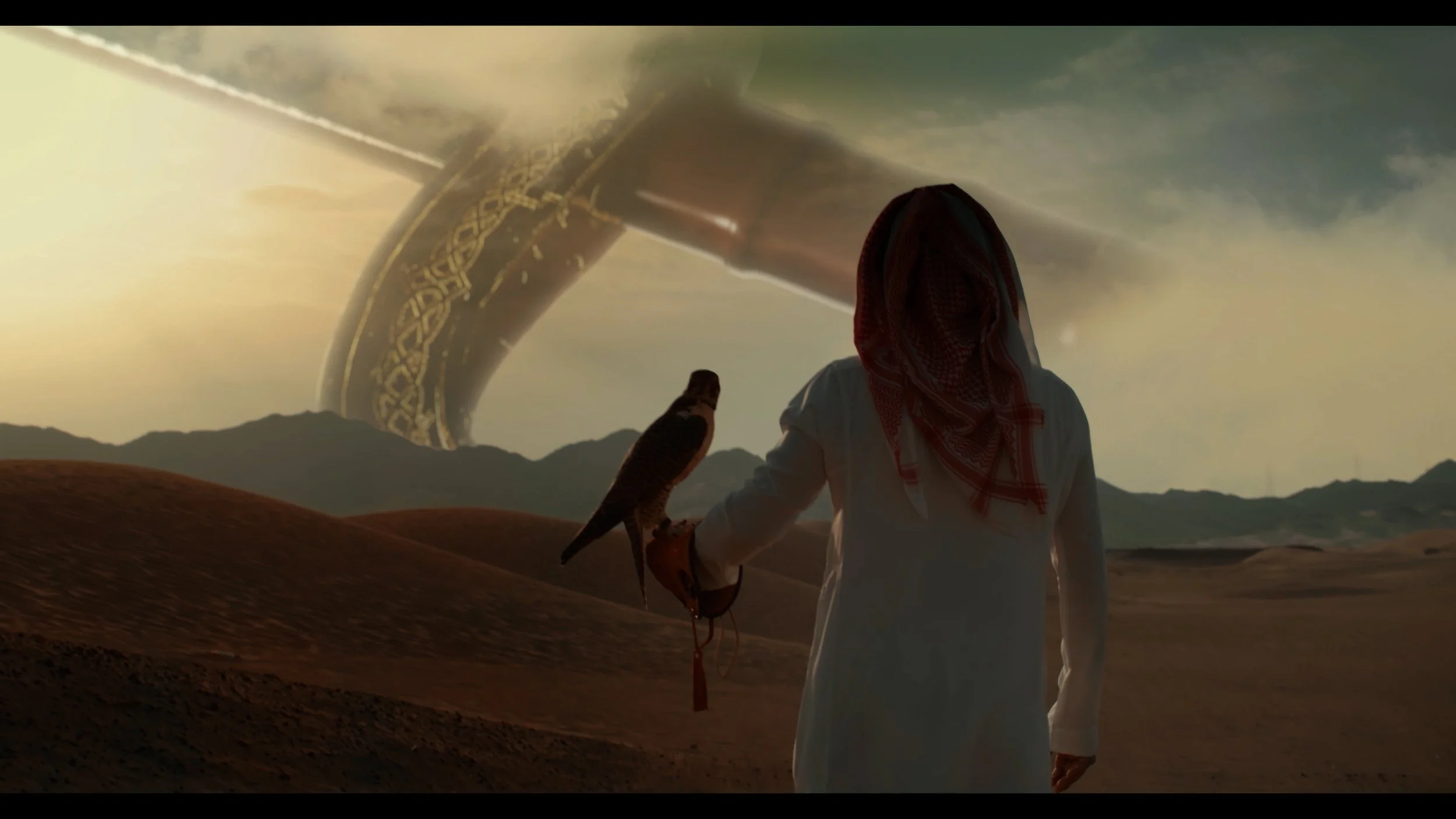 A person wearing traditional Middle Eastern attire with a headscarf and white robe, holding a falcon on their arm, standing in a desert landscape with mountains in the distance. In the sky, a futuristic spacecraft with intricate design elements is fl