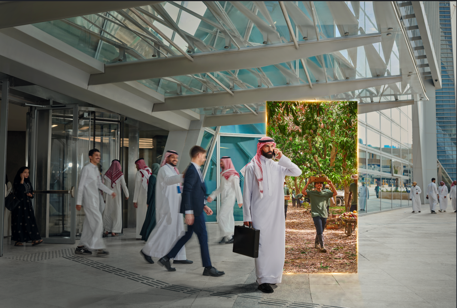People walking out of a modern building with glass architecture, passing by a digital mural of a tree and person working in a field.