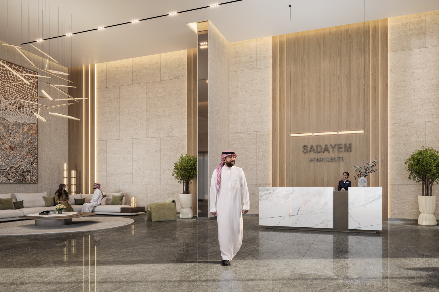 Modern hotel lobby with beige walls, marble reception desk, seating area with sofa, plants, and decorative lighting. A man in traditional Middle Eastern attire is walking, and a woman is sitting at the reception desk. The sign reads 'Sadayem Apartmen