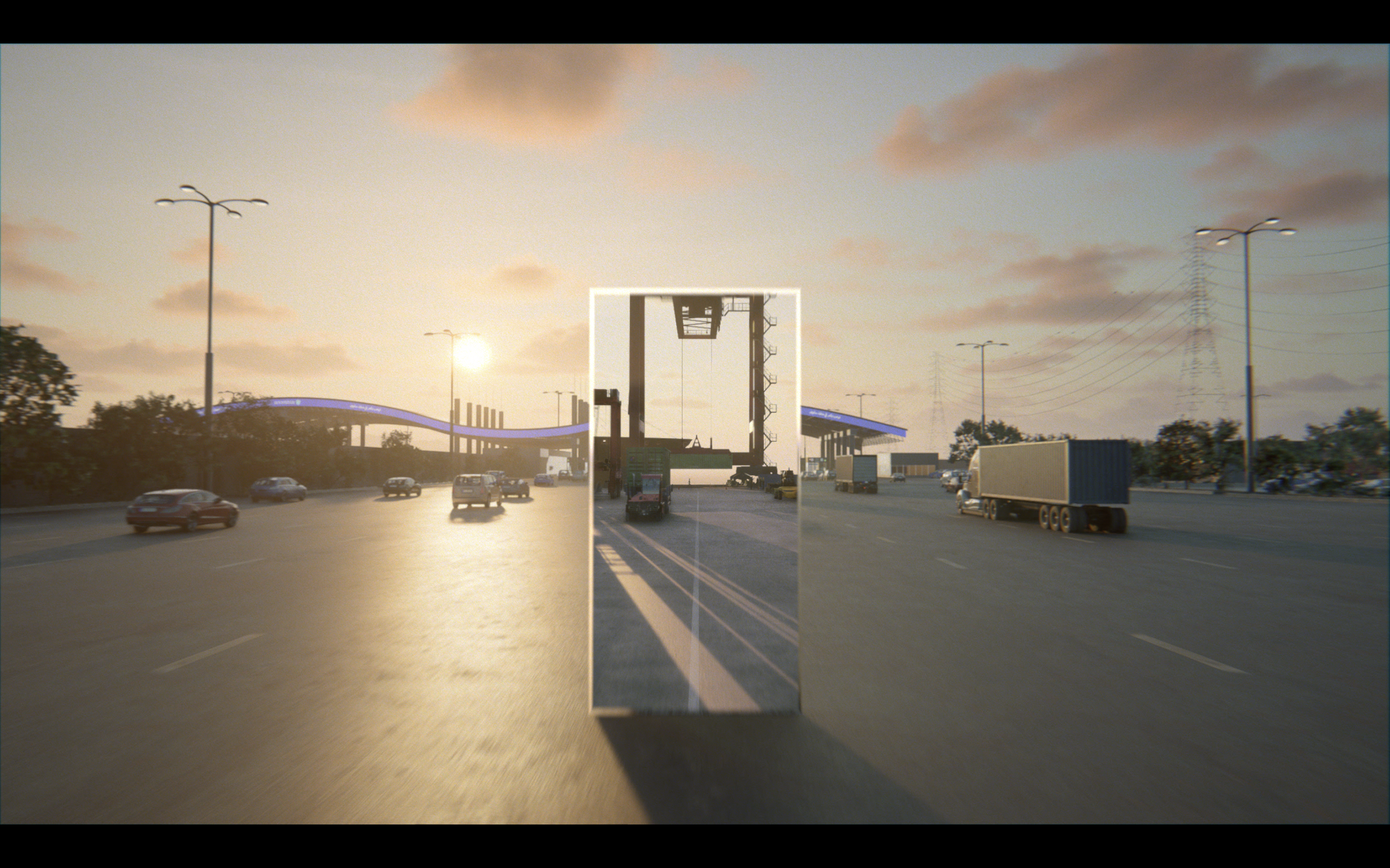 The highway is shown during sunset with cars and trucks, a green overpass, and streetlights. The mirror reflects part of the highway and infrastructure.