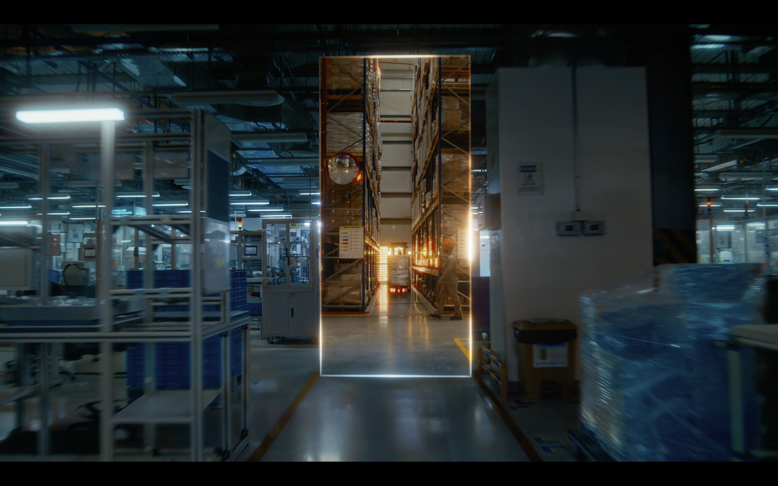 Industrial warehouse or manufacturing facility with shelving and equipment, illuminated by sunlight through an open door.