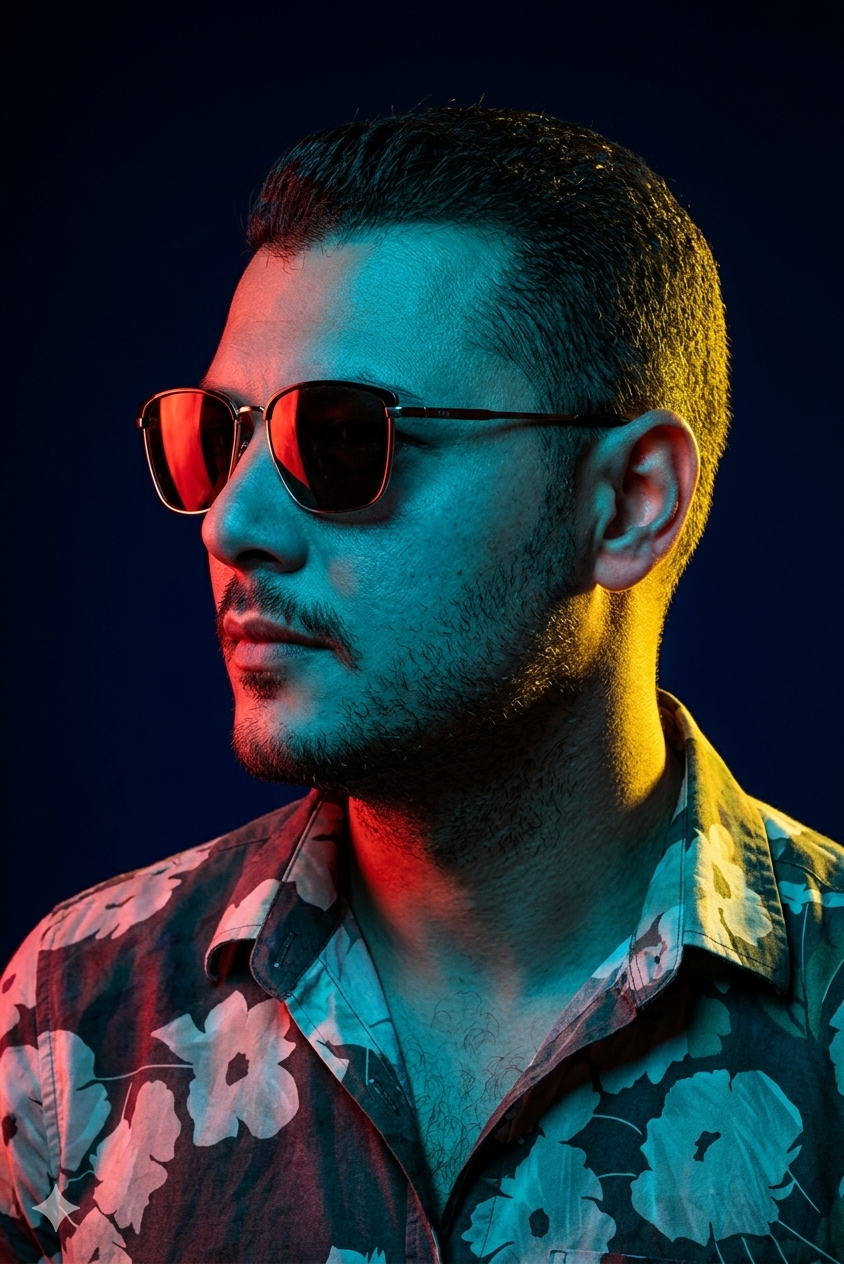 A man with short dark hair, a beard, and sunglasses with reflectors, wearing a floral shirt, posed against a dark background with red and blue lighting.