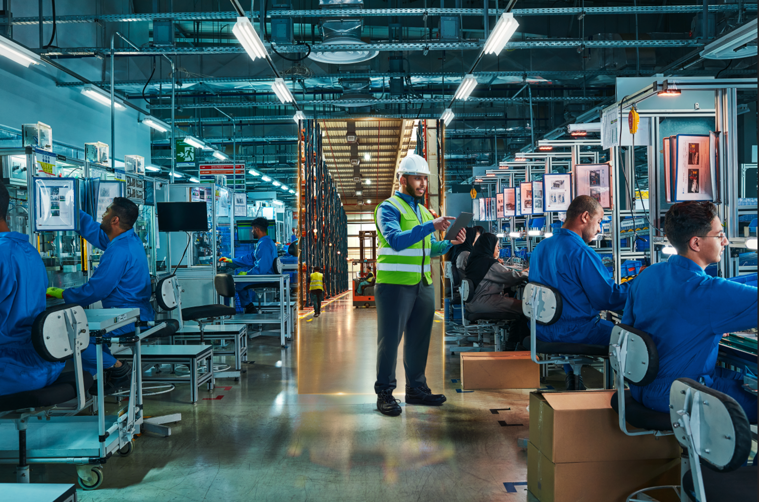 Workers in a factory assembly line using computers and machinery, with a supervisor in a reflective vest and safety helmet standing in the center.